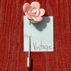 ROSE Flower Pink Hand Painted Gold Tone Stick Pin VINTAGE COLLECTABLE